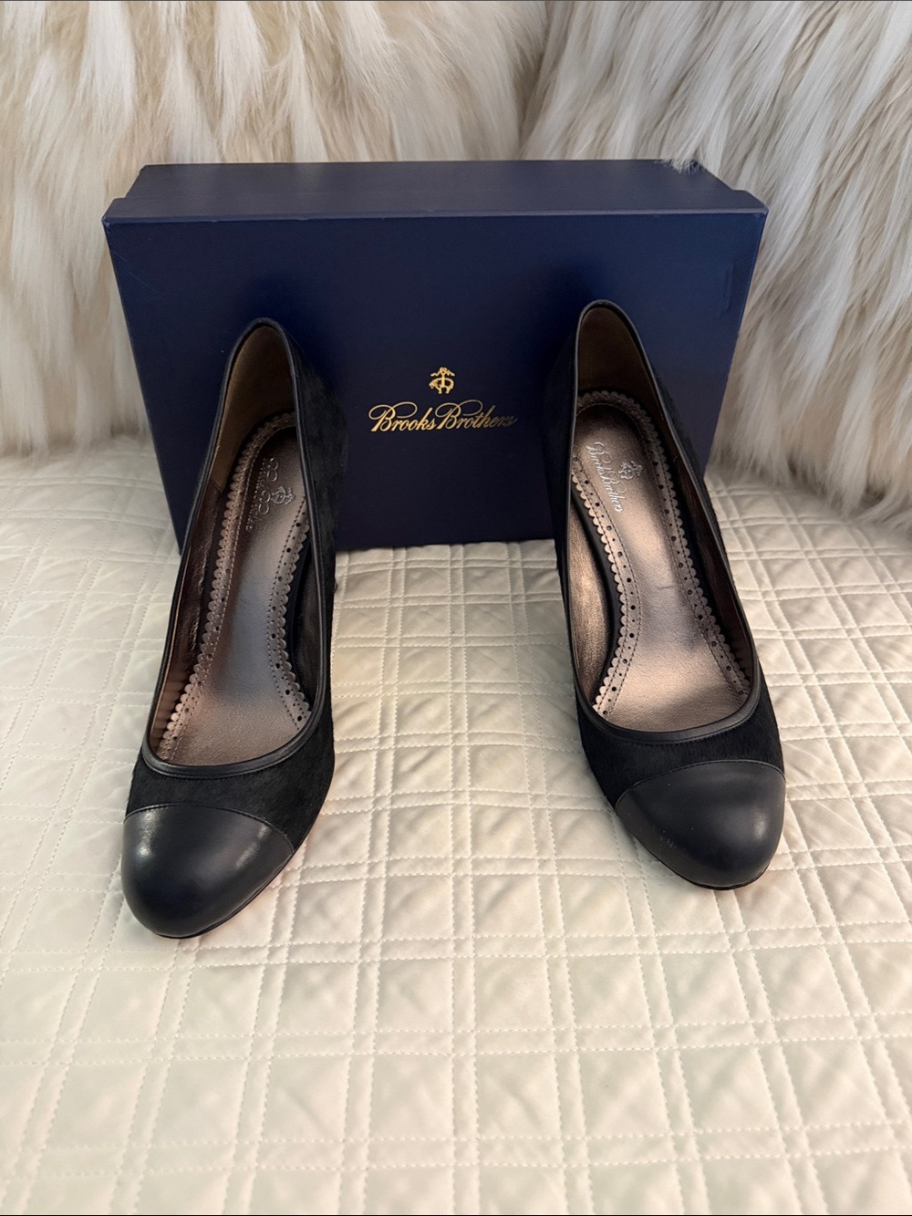 Brooks Brothers Black Calf Hair Cap Toe Pumps Heels Size 10 Genuine Leather